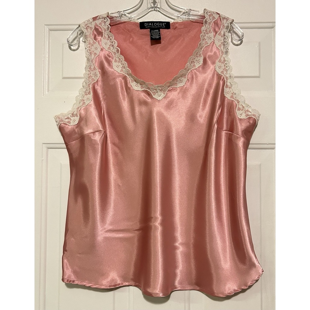 Dialogue Womens XL Pink Satin Lace Trim V-Neck Camisole Tank Top 1099549